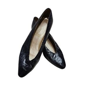 Vtg Joyce Black Snake Embossed Leather Pointed Toe Heels Pumps Womens Size 7M